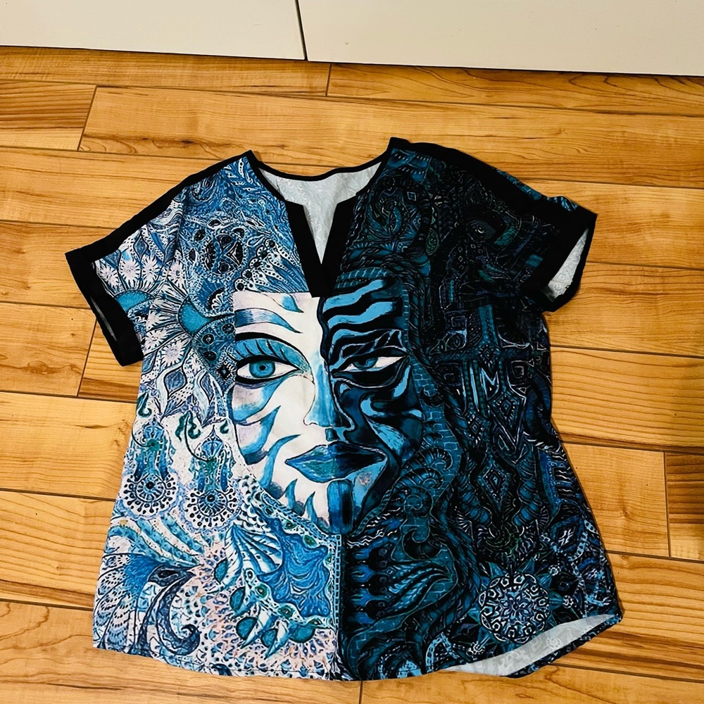 Artistic Blue and Black Women's Top